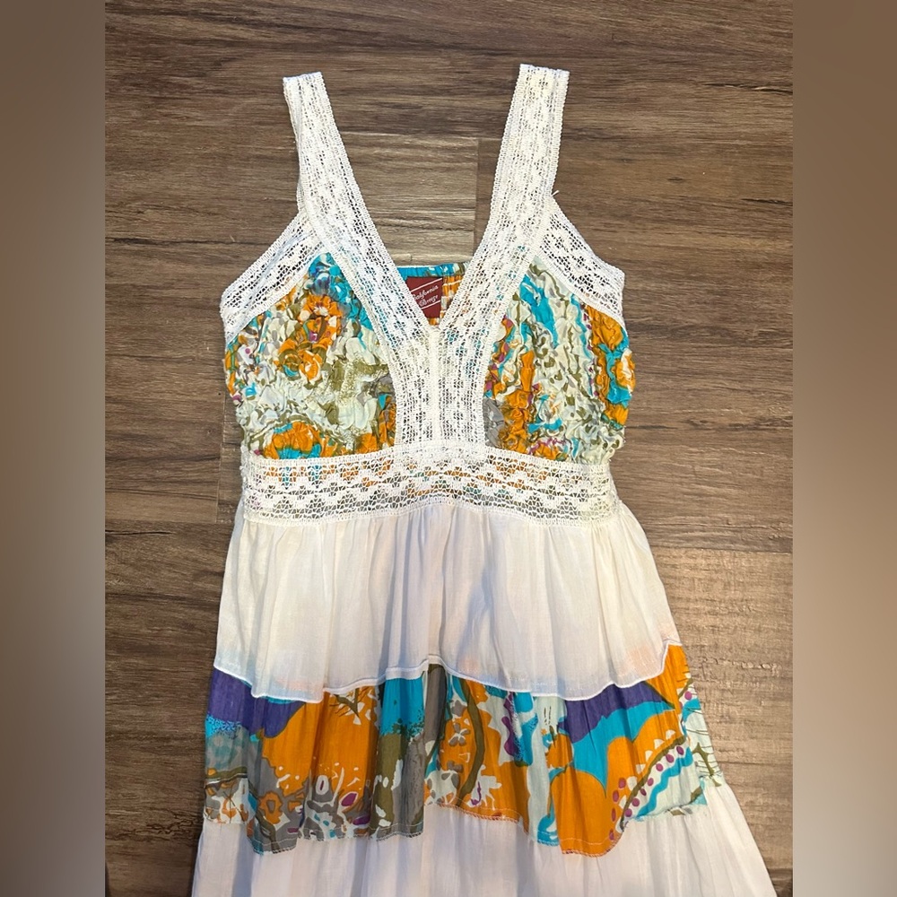 California Breeze Boho Tiered Cotton Dress in White/Multicolor Print. Size S - Picture 6 of 12